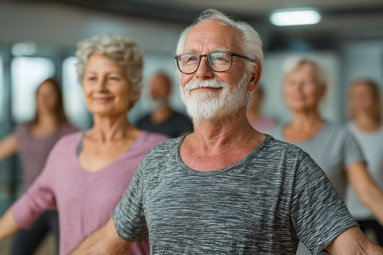 Група людей старшого віку виконує дихальні вправи на свіжому повітрі